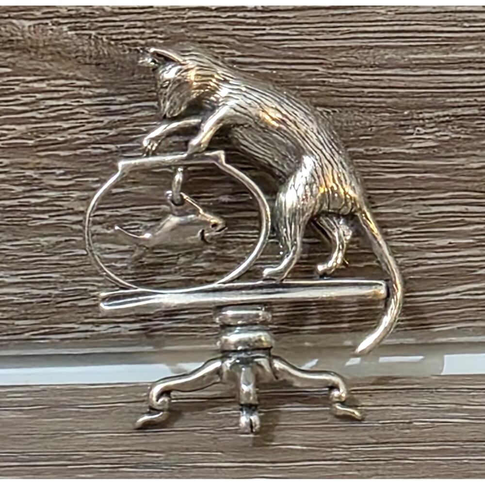 JEZLAINE 925 Sterling Silver Vintage Cat & Fish Aquarium Oxidized Pin Brooch
